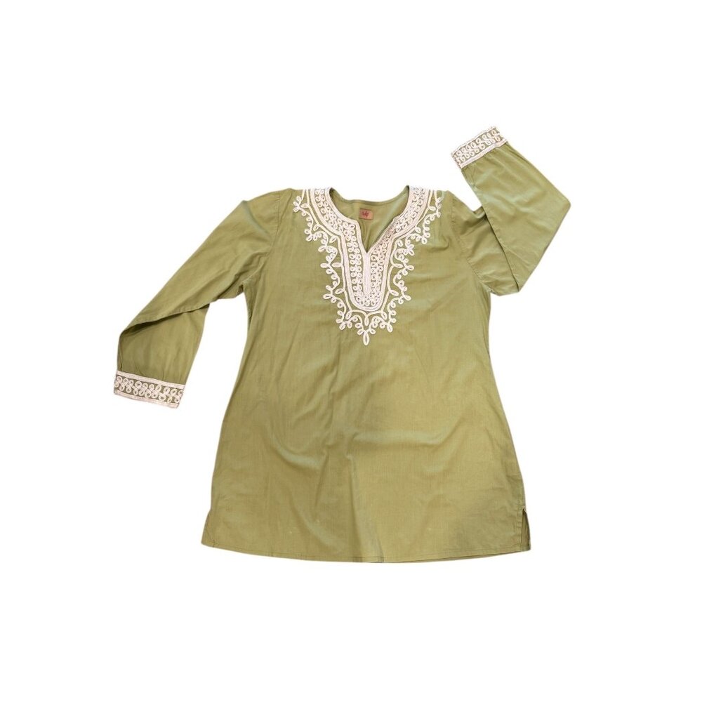 Tulip Green Cotton Embroidered Tunic Top Split Neck Long Sleeve Boho Medium